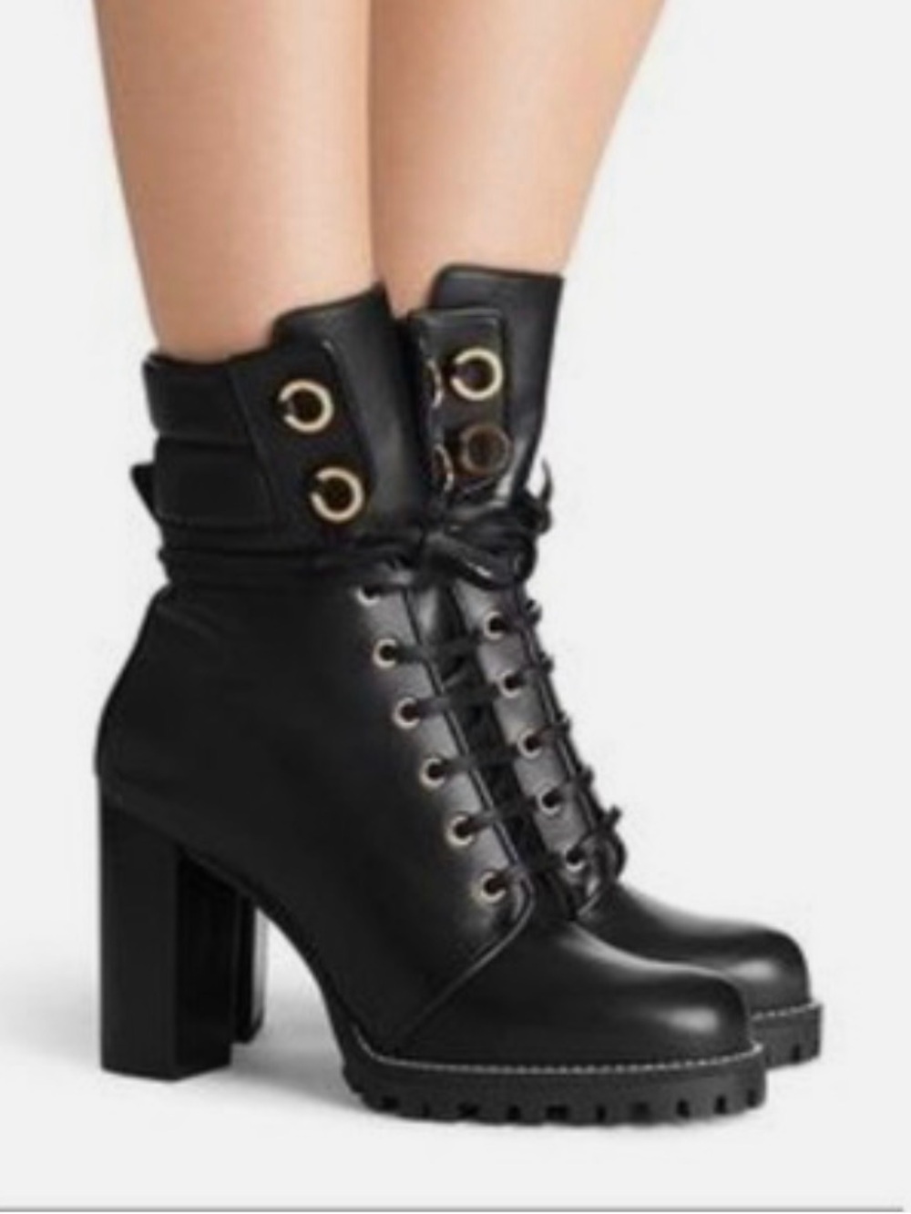 Stuart Weitzman Black Lace-Up Block Heel Ankle Boots with Gold Eyelets.
